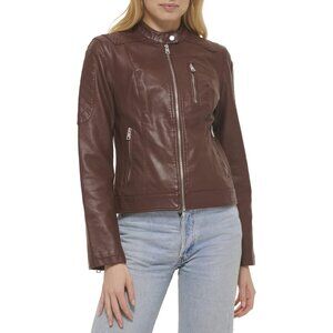 Levi's Women's Leather Motocross Racer Jacket Long Sleeves Front Zipper Brown